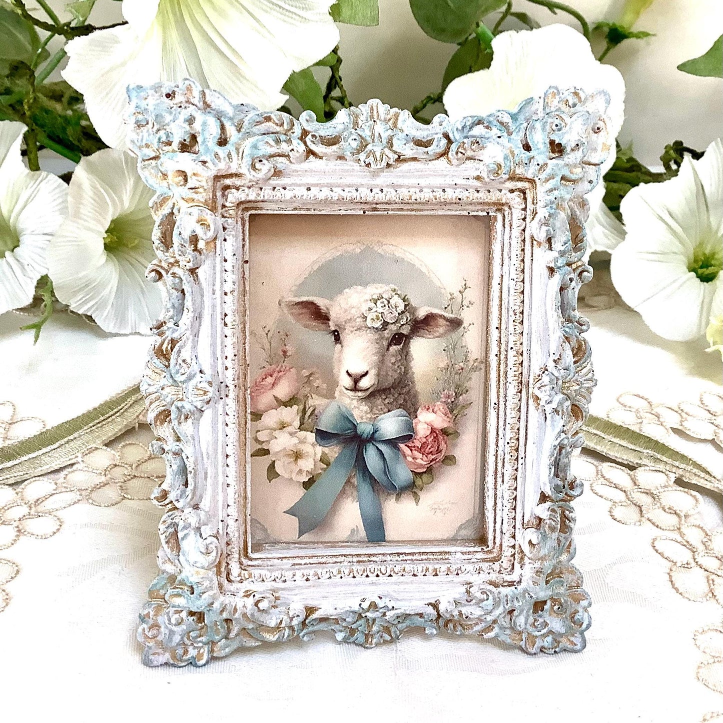 Cadre miniature baroque patiné bleu mouton 10 cm x 8 cm modèle C