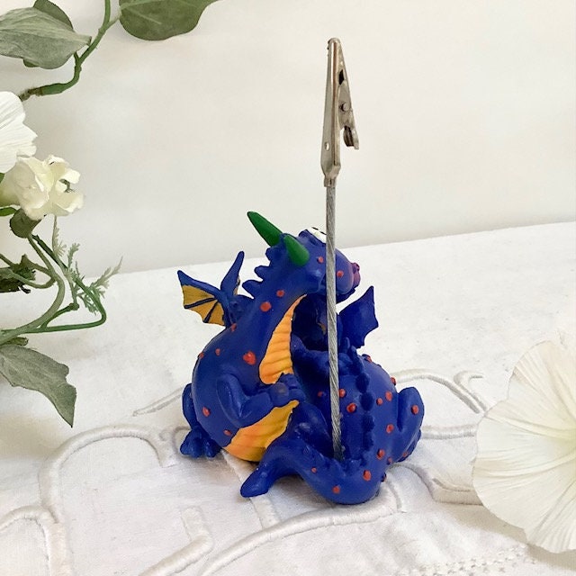 Figurine dragon bleu porte photo résine vintage