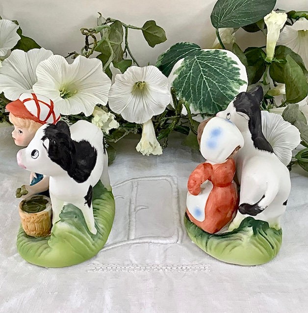 Figurines couple enfants fermiers vaches porcelaine ht 10 cm vintage