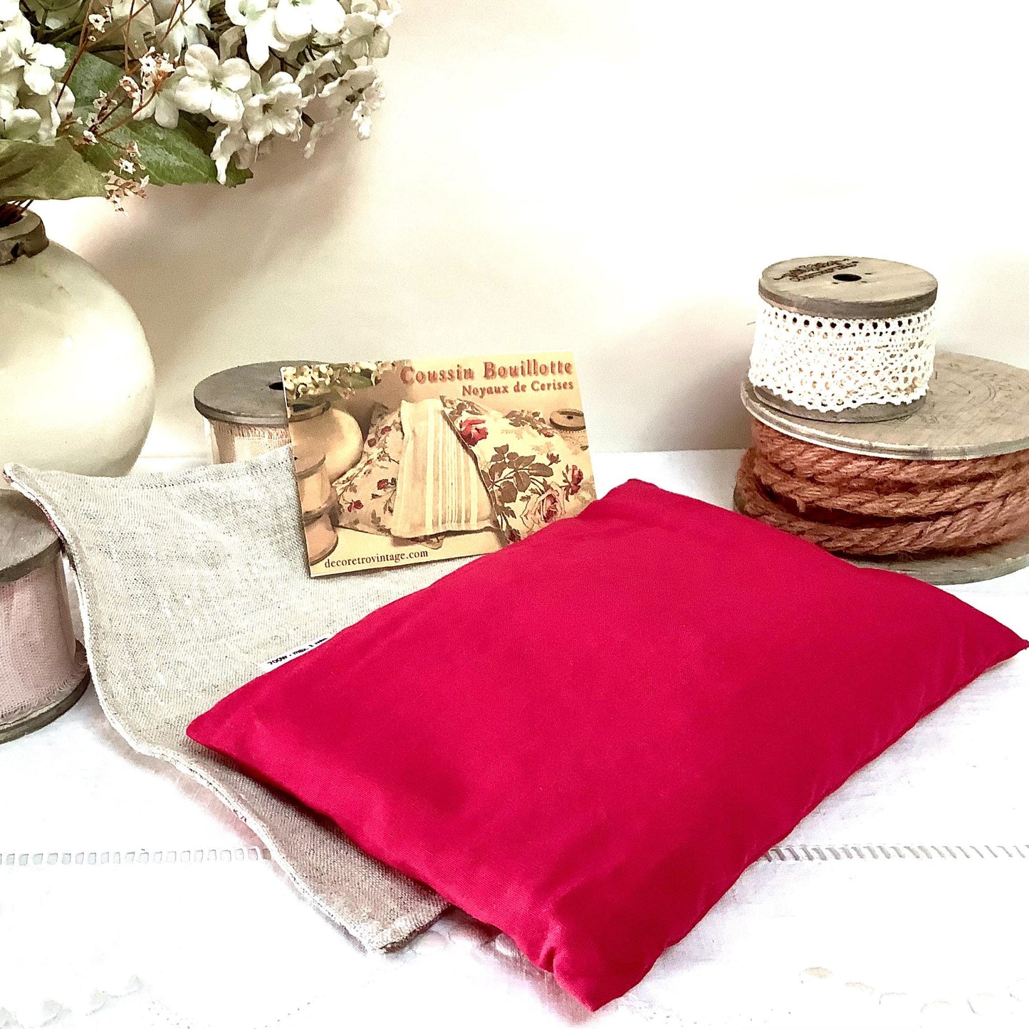 Bouillotte sèche coussin noyaux de cerises lin grandes roses