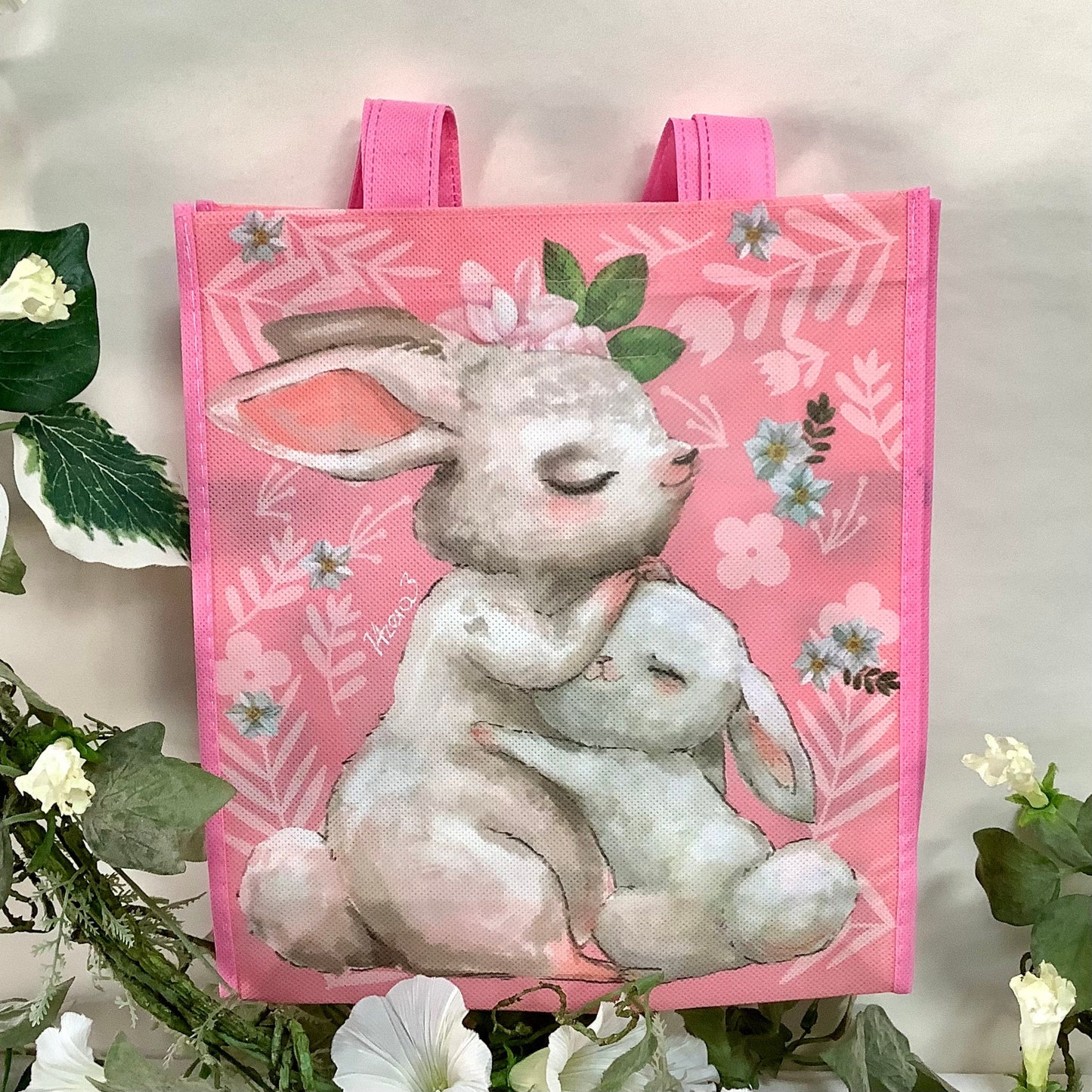 Sac Pâques rose motifs lapin ht 28 cm