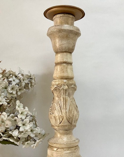 Chandelier bougeoir bois sculpté patiné beige ht 43 cm vintage