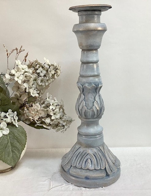 Chandelier bougeoir bois sculpté  bleu or vintage 43 cm hauteur bougie 