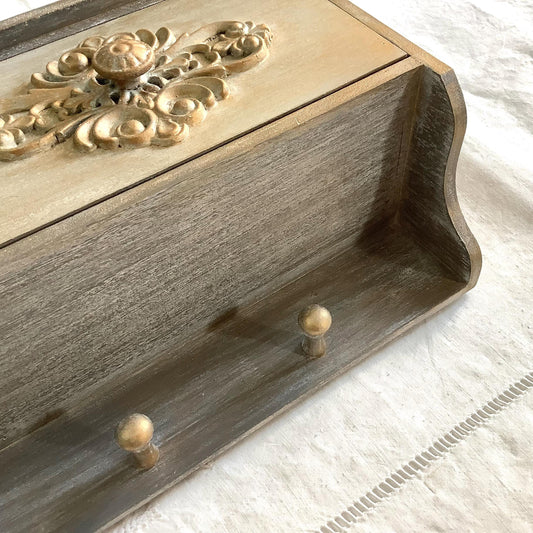 Étagère murale bois patiné 2 tiroirs 4 accroches ht 21 cm