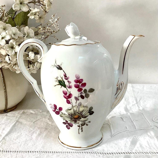 Cafetière théière verseuse porcelaine fleurs Lourioux vintage