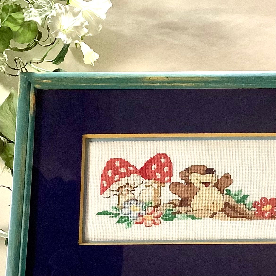 Tableau broderie enfant ourson vintage 41.5 cm x 28 cm