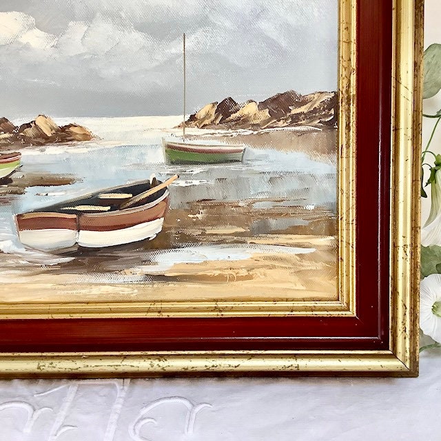 Tableau paysage marin huile sur toile vintage