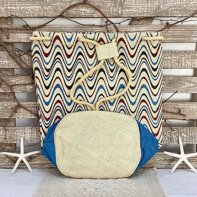 Sac de plage imperméable toile de jute beige vagues bleu ht 40 cm