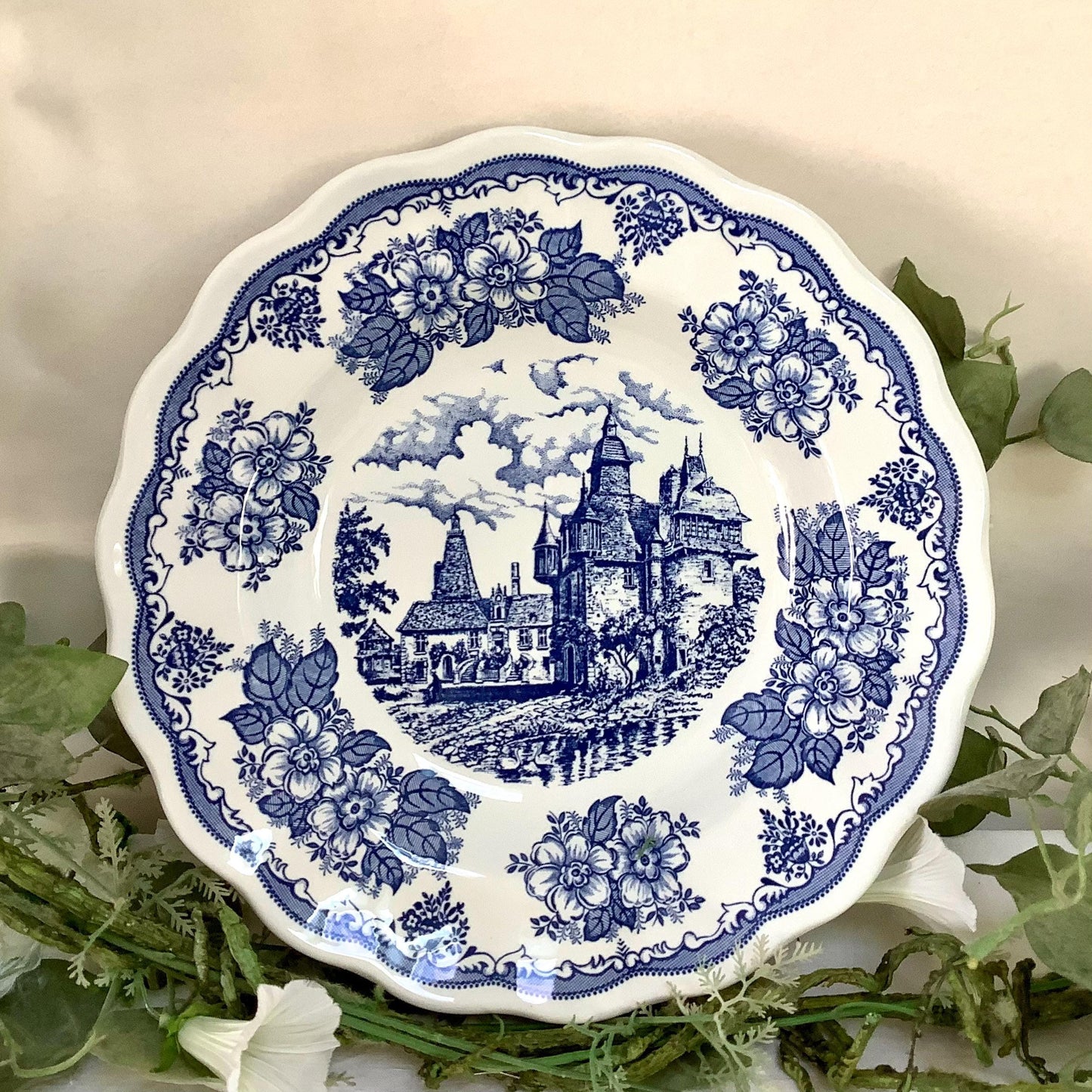 Plat creux bleu Faïence forte rf English landscape vintage