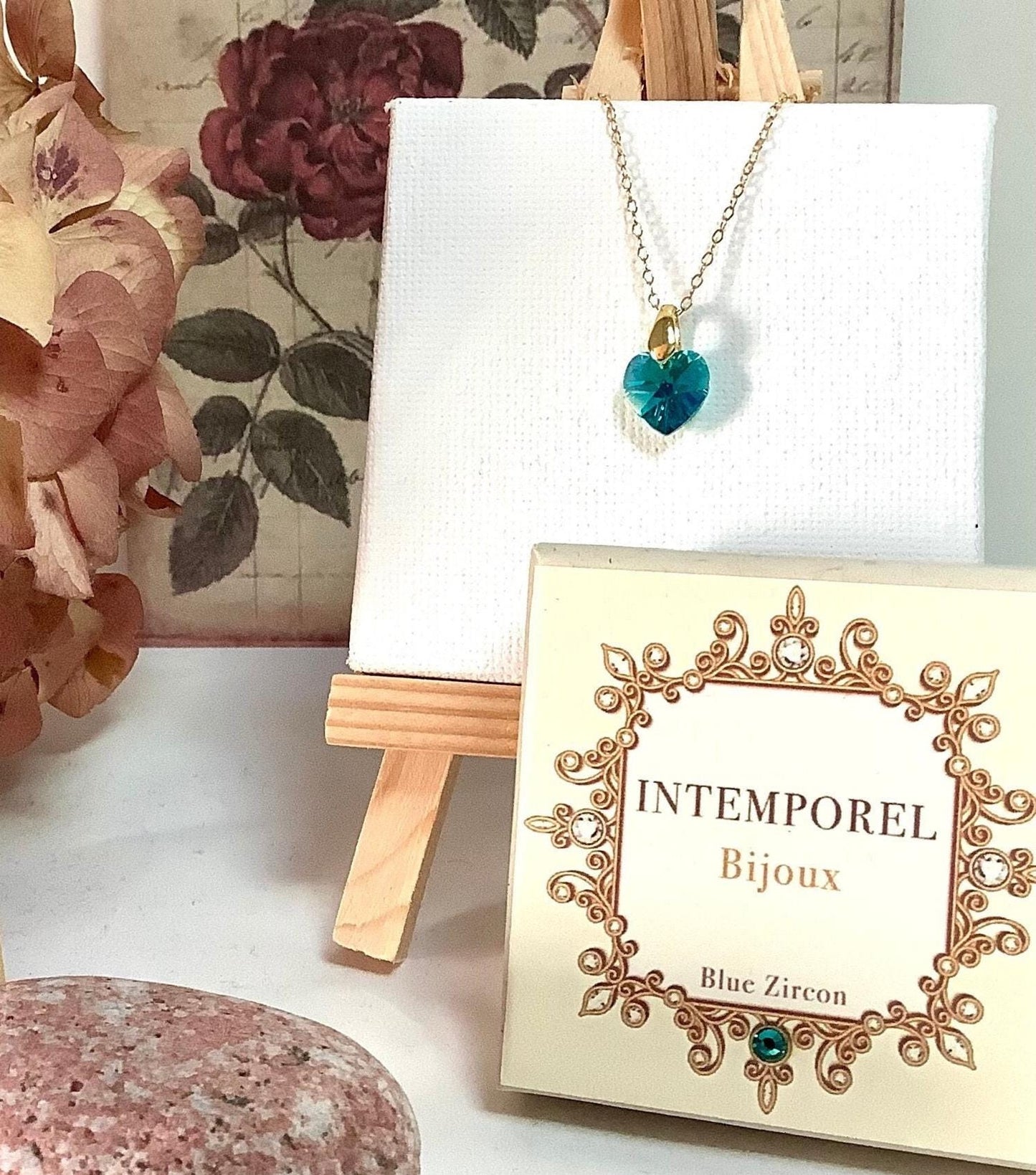 Collier coeur Blue zircon pendentif cristal Swarovski chaîne Gold Filled plaqué or 14 k