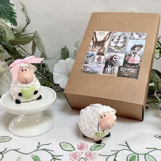 Coffret 2 moutons céramique cœur vert décoration vintage