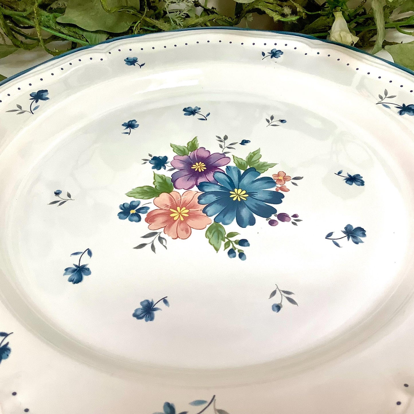 Grand plat provincial bouquet grès émaillé vintage 80