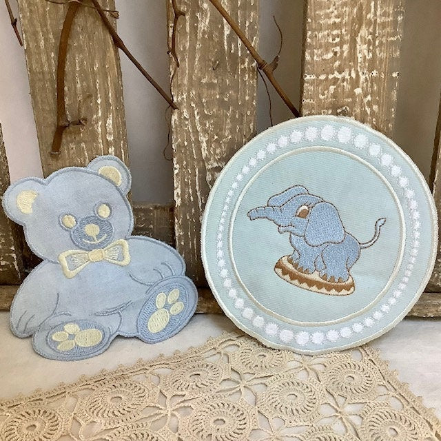 Écussons à coudre ourson éléphants bleu vintage