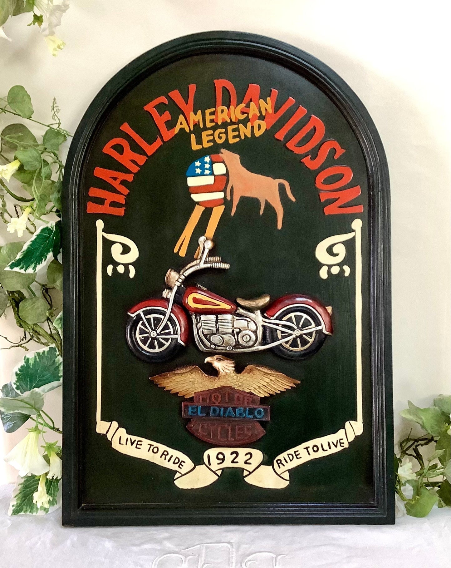 Tableau publicitaire bois harley Davidson vintage ht 60 cm