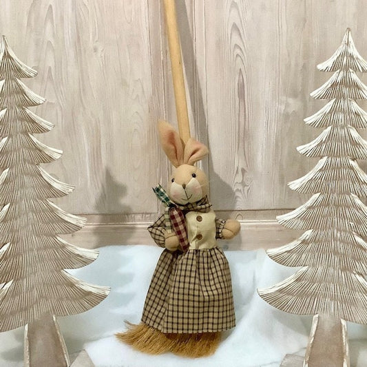 Balai décoration lapin tissu vintage 1,04 m hauteur, boutons bois fil fer