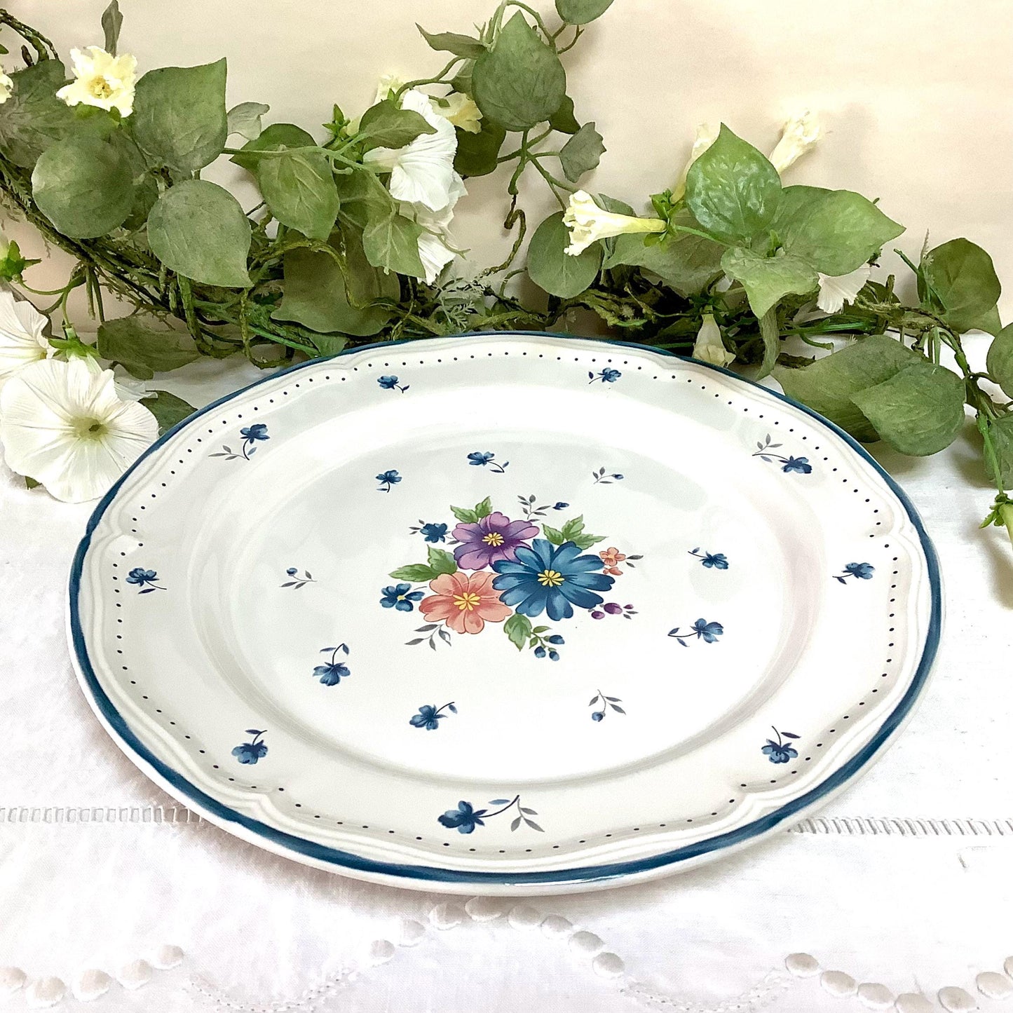 Grand plat provincial bouquet grès émaillé vintage 80