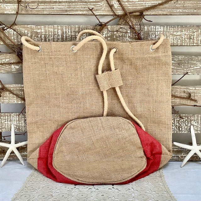 Sac de plage imperméable toile de jute beige framboise ht 40 cm