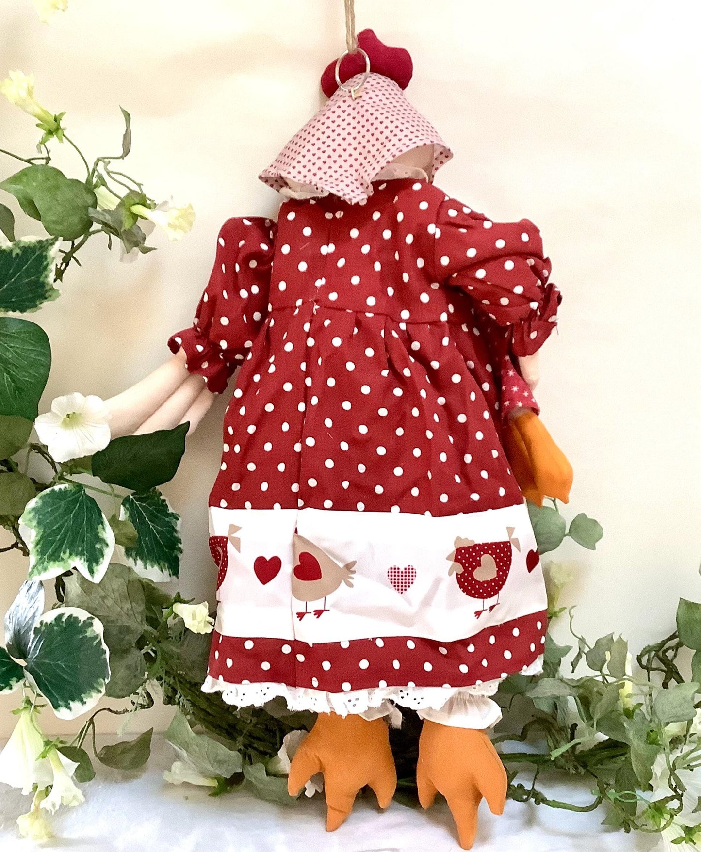 Porte sacs poule robe rouge blanc avec deux poussin la galleria ht 55 cm