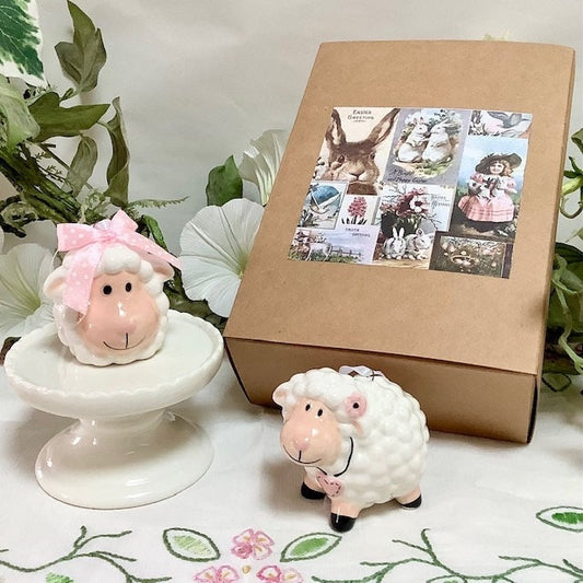 Coffret 2 moutons céramique cœur rose décoration vintage