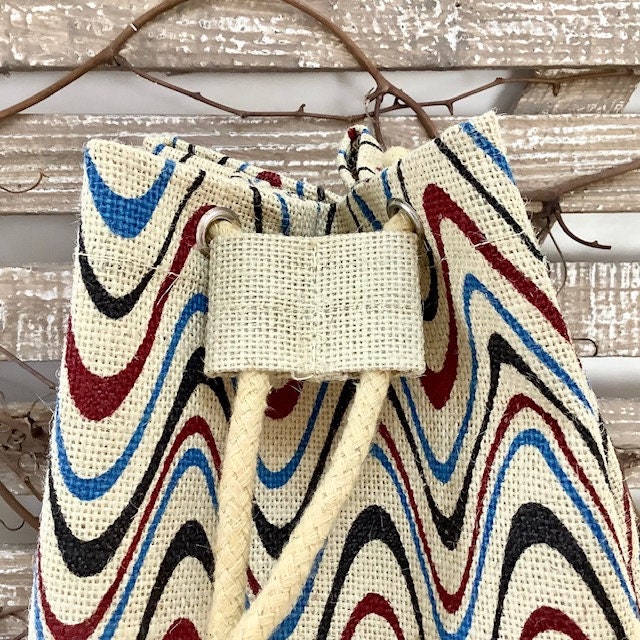 Sac de plage imperméable toile de jute beige vagues bleu ht 40 cm