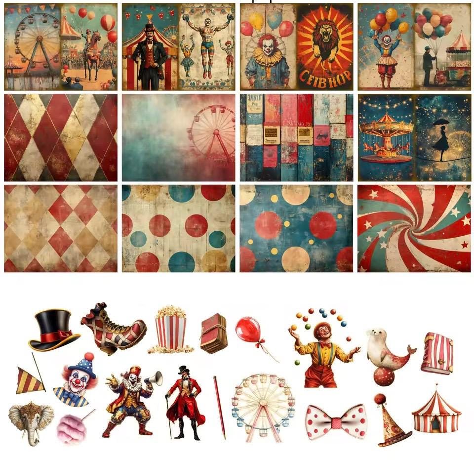 Images cirque 12 feuilles A5 vintage + 38 autocollants