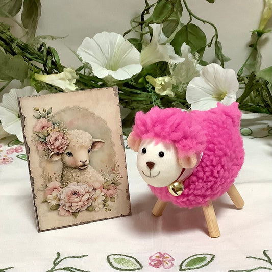 Mouton peluche rose décoration ht 10 cm