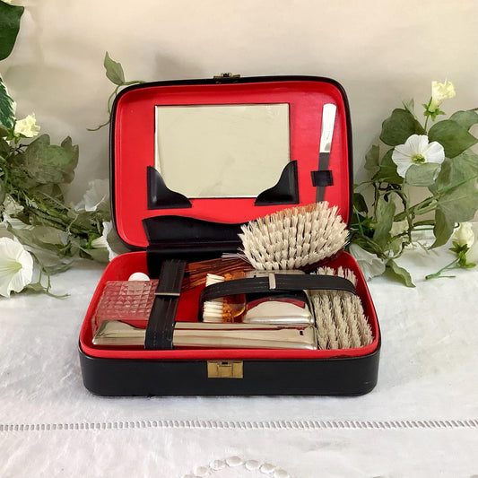 Nécessaire trousse de toilette vintage cuir noir avec accessoires 23x16 cm, vanity rétro