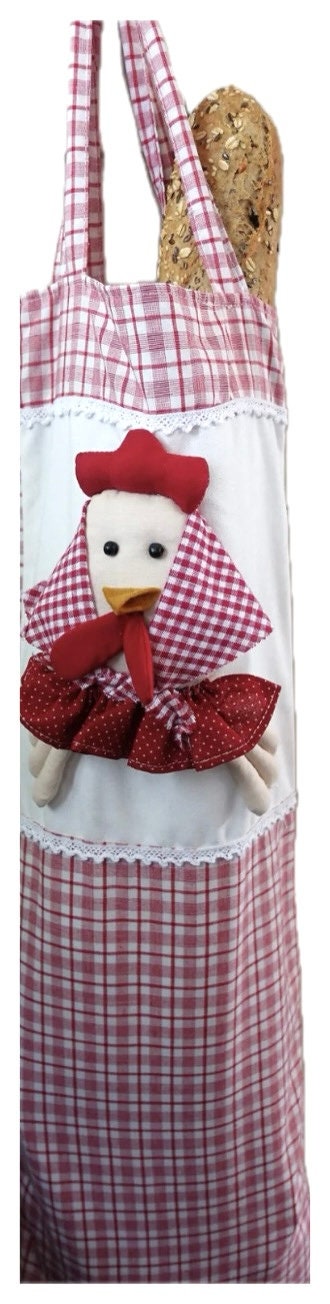 Ensemble sac à pain carreaux rouge blanc poule tissu dentelles, décoration vintage La Galleria 60 cm