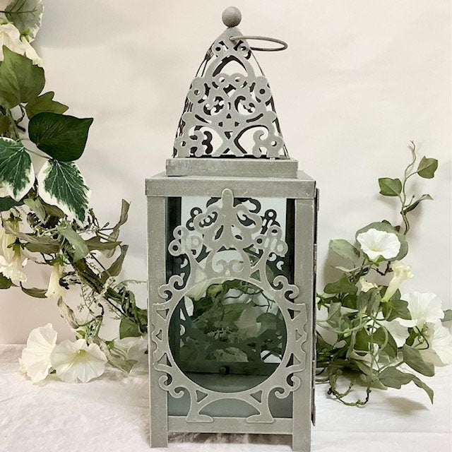 Lanterne métal gris ajouré 38 cm hauteur vitres verre vintage, à poser suspendre