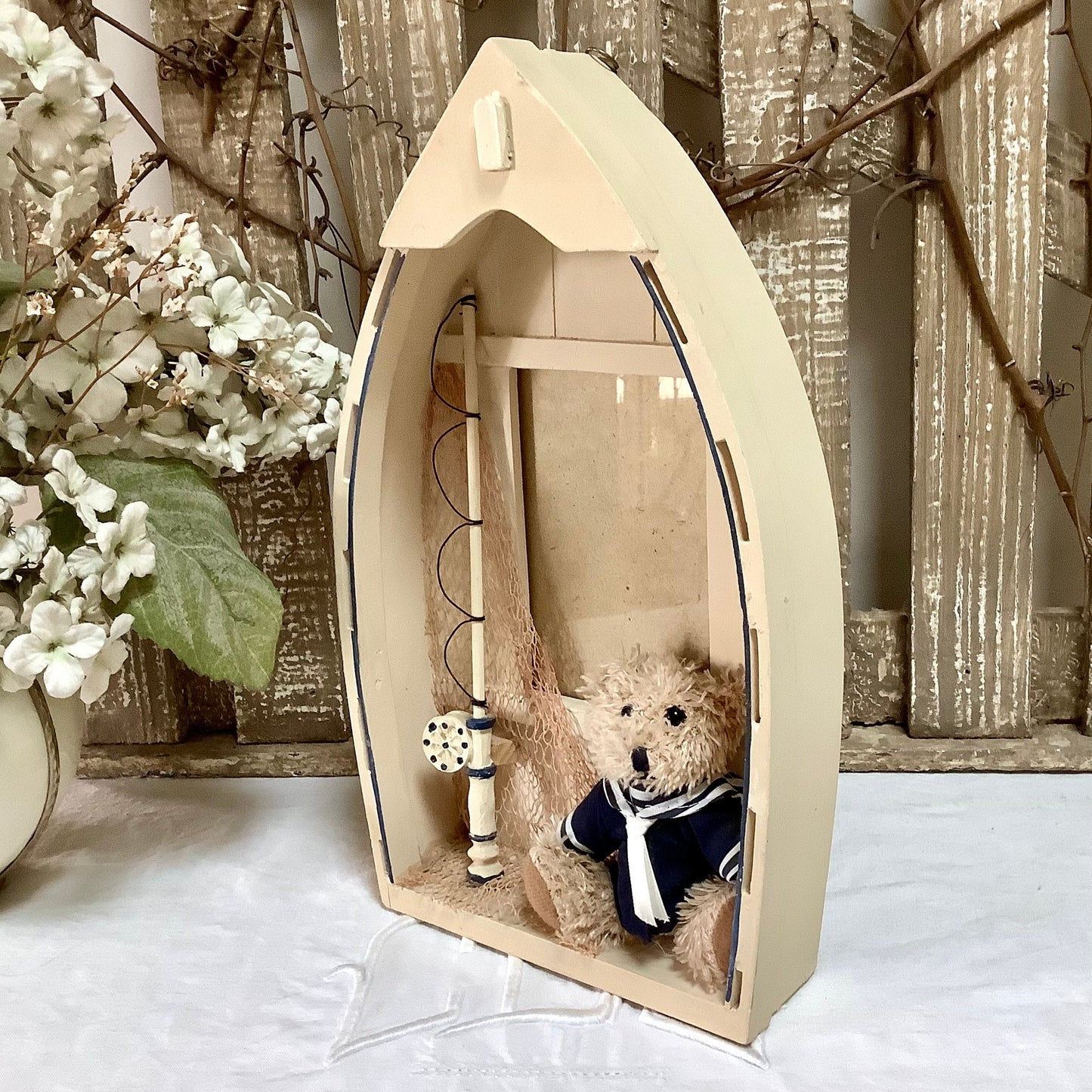 Décoration marine ours peluche bateau cadre photo vintage résine, trois oursons 30 cm
