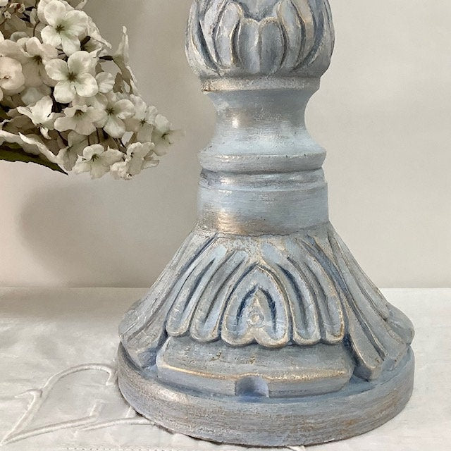 Chandelier bougeoir bois sculpté  bleu or vintage 43 cm hauteur bougie 