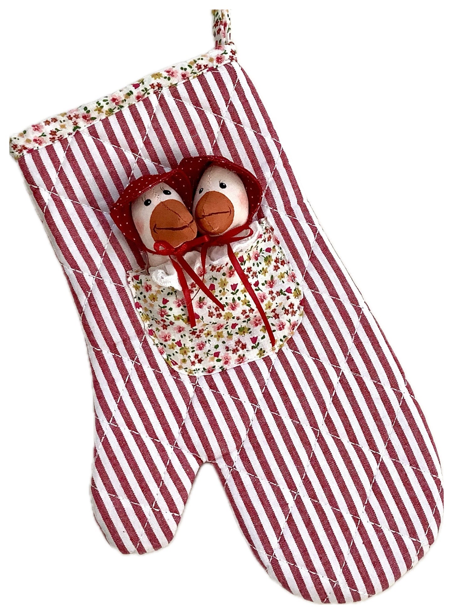 Maniques gants de four oies rayures  rouge et fleurs la galleria ht 30 cm
