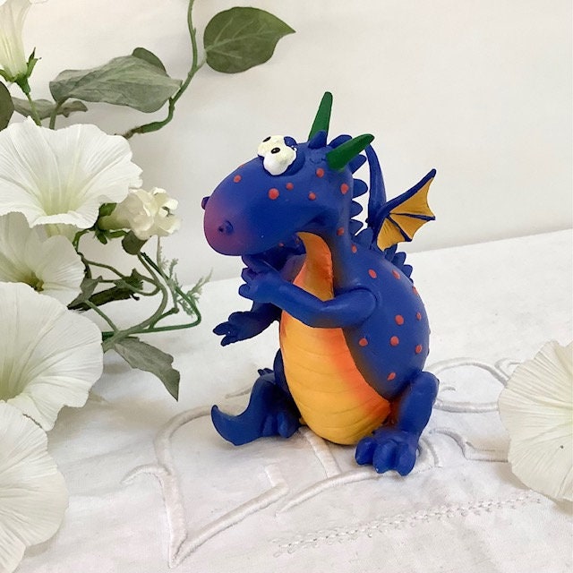 Figurine résine dragon bleu avec bébé vintage