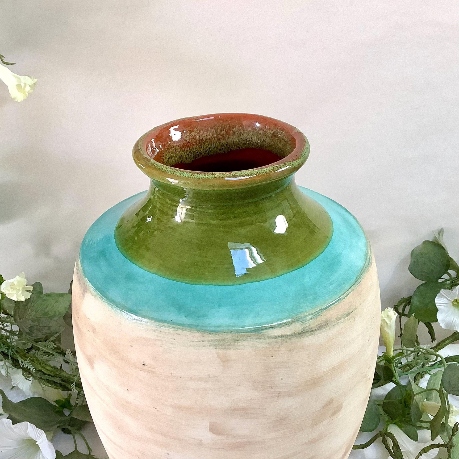  Détail vase faïence beige vert turquoise intérieur émaillé 8,5 cm col, céramique vintage