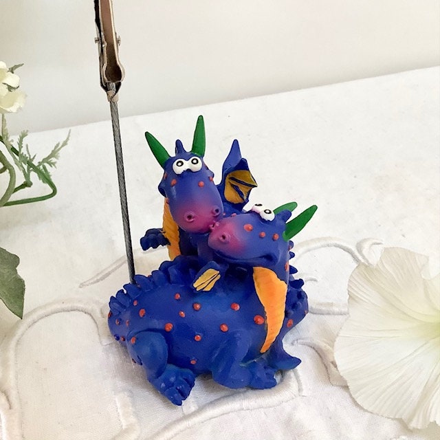 Figurine dragon bleu porte photo résine vintage