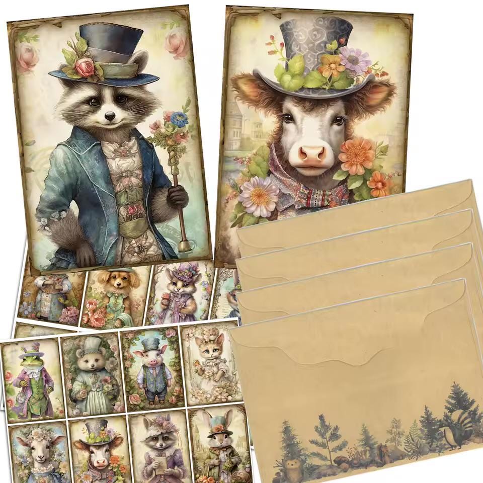 Images animaux victoriens  12 cartes + 4 enveloppes + 32 autocollants