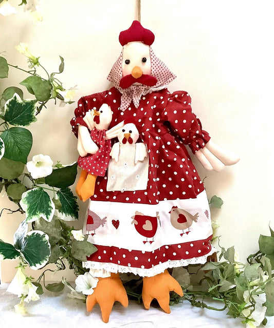 Porte sacs poule robe rouge blanc avec deux poussin la galleria ht 55 cm
