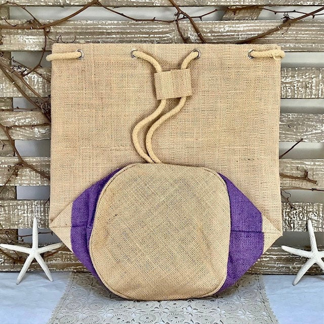 Sac de plage imperméable toile de jute beige violet ht 40 cm