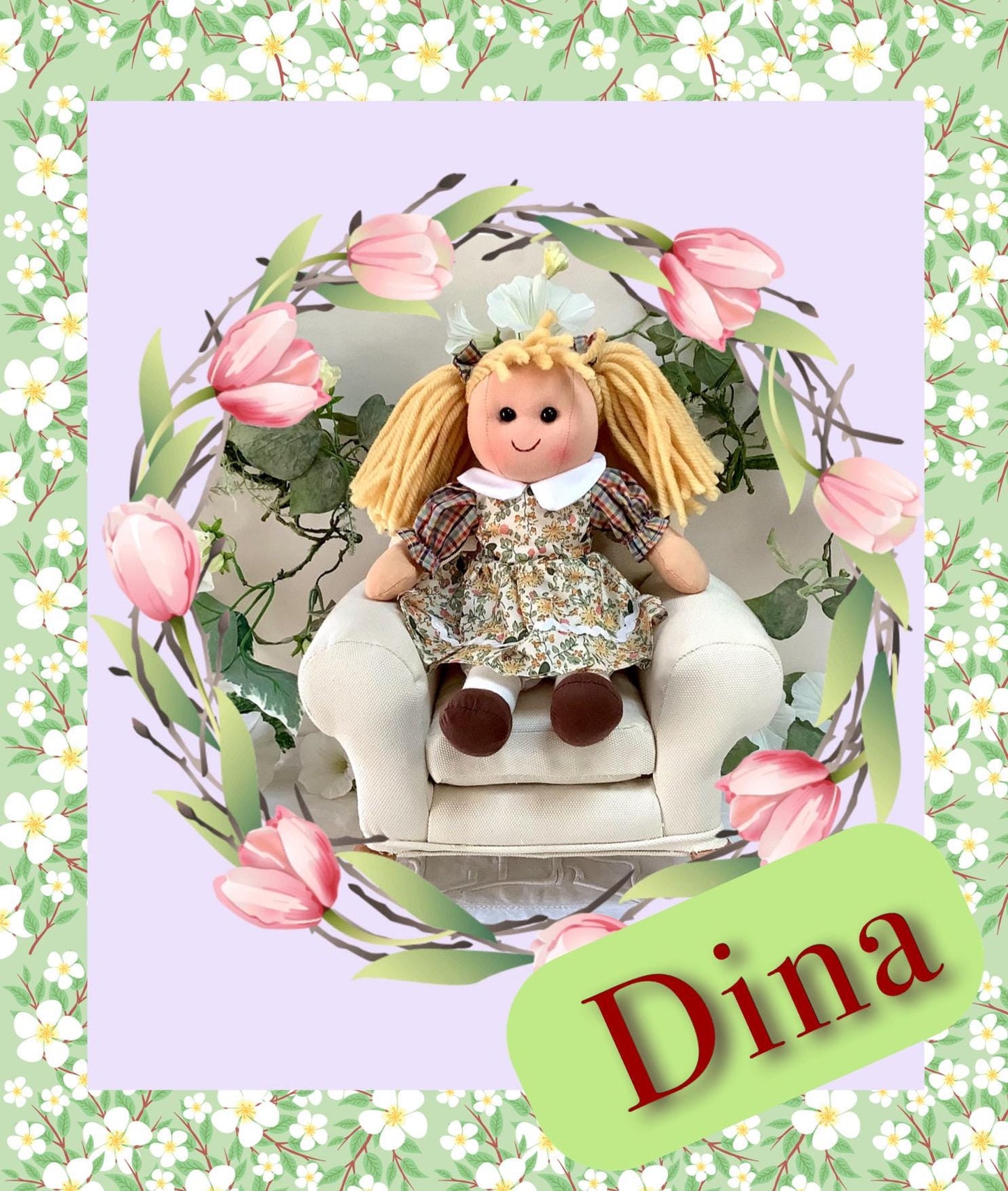 Poupée de chiffon tissu robe beige modèle dina ht 30 cm