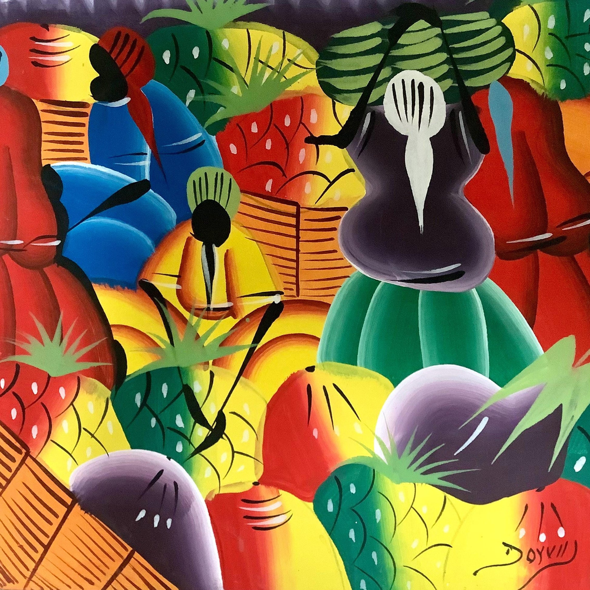 Détail scène vie art naïf République dominicaine couleurs éclatantes, peinture originale acrylique