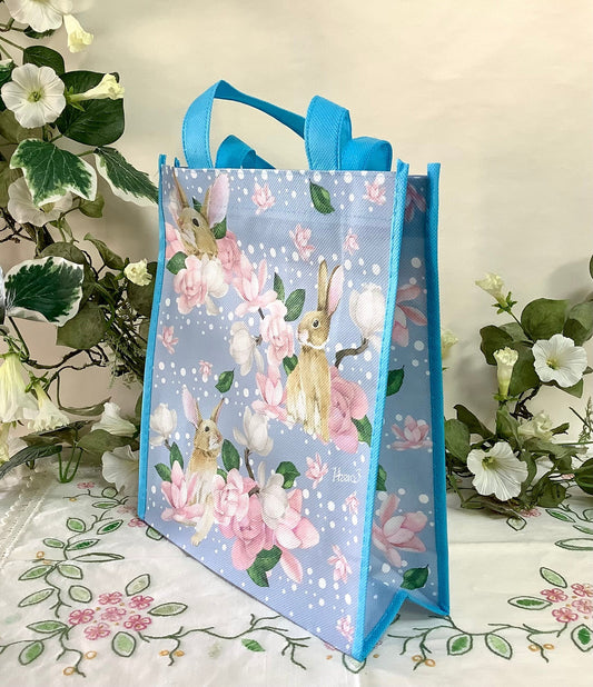 Sac Pâques bleu motifs lapin ht 28 cm