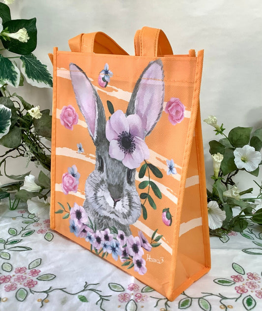 Sac Pâques orange motifs lapin ht 28 cm