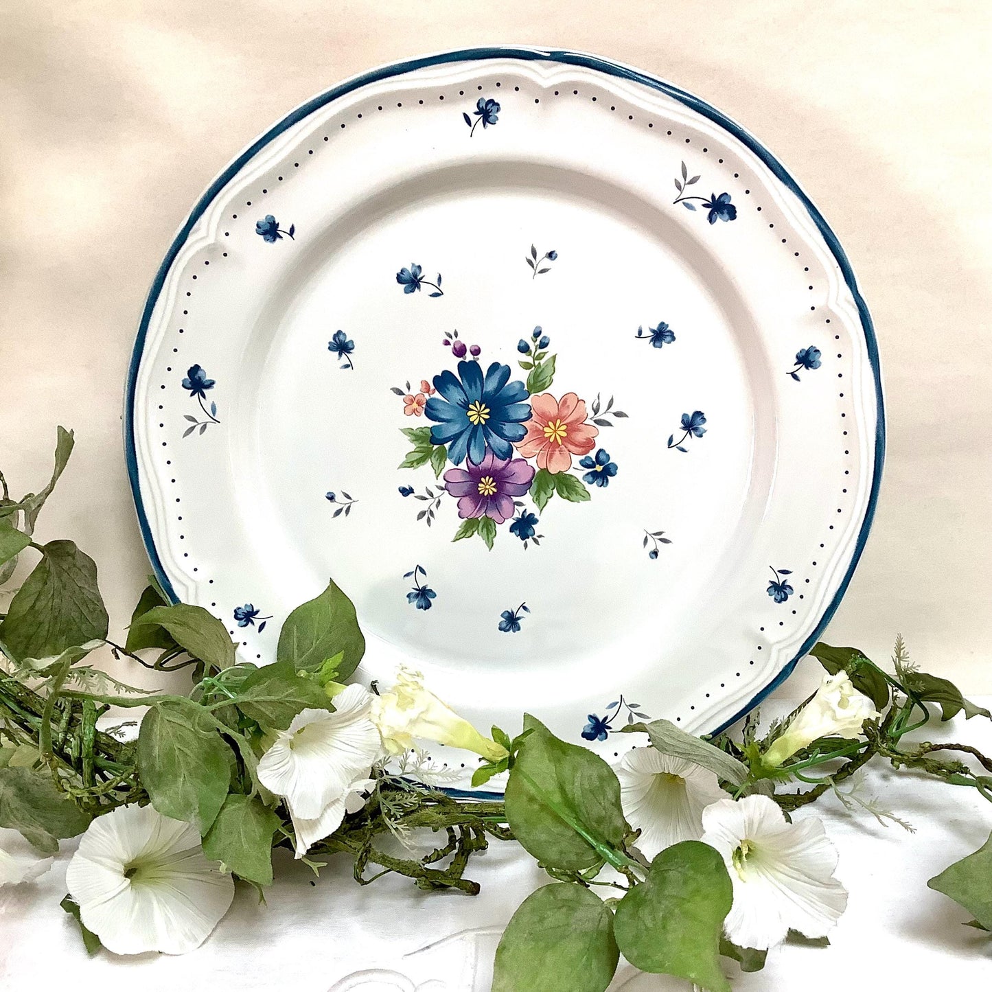 Grand plat provincial bouquet grès émaillé vintage 80