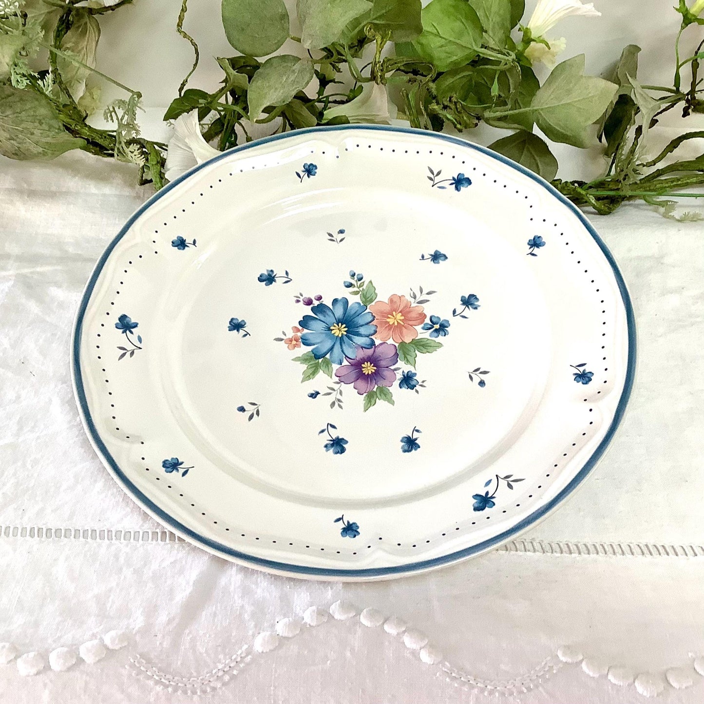 Grande assiette plate provincial bouquet grès émaillé vintage 80