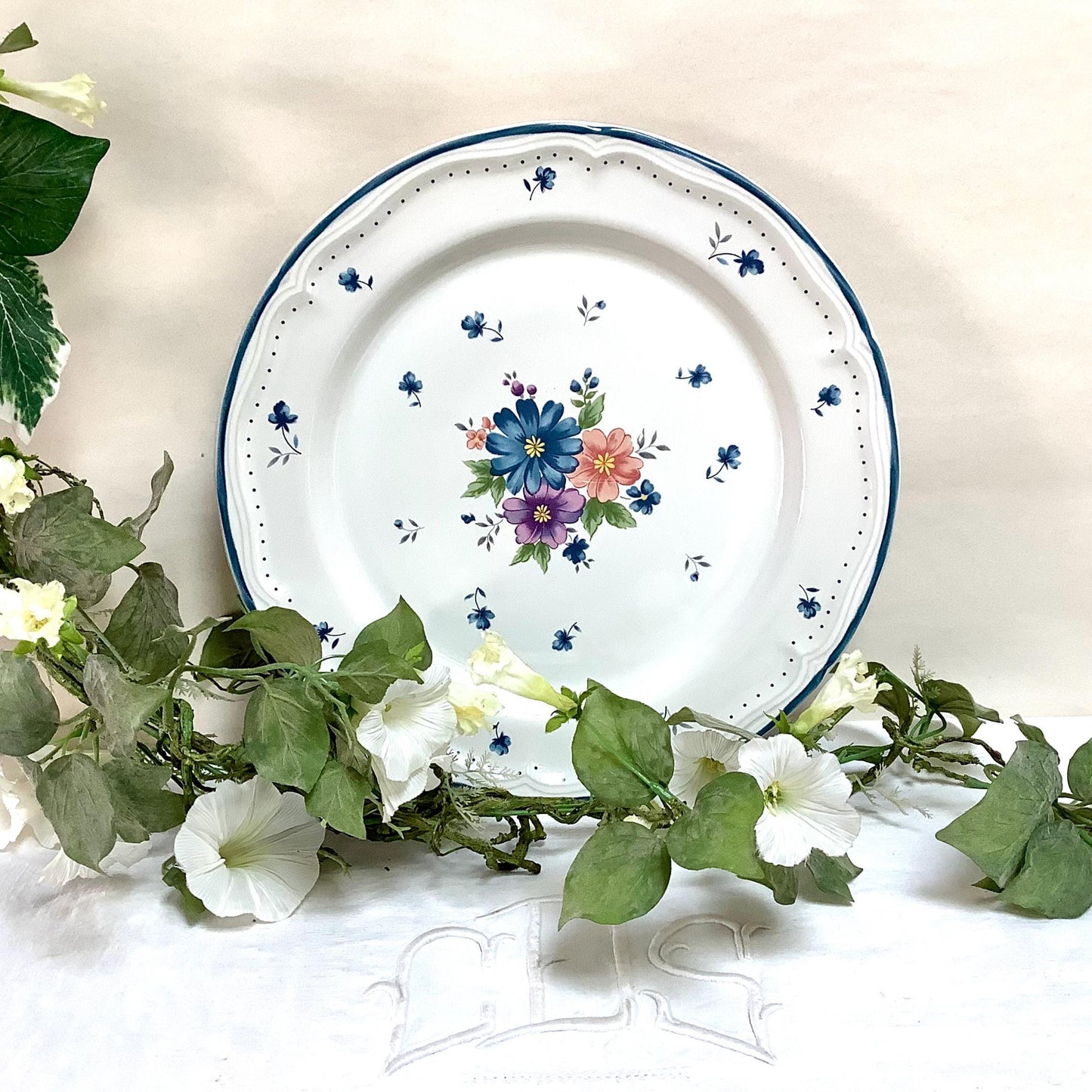 Grand plat provincial bouquet grès émaillé vintage 80