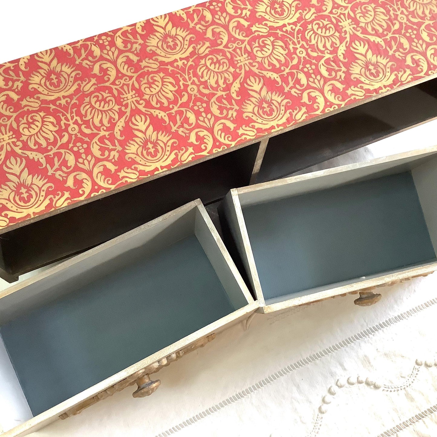 Étagère murale bois patiné 2 tiroirs 4 accroches ht 21 cm