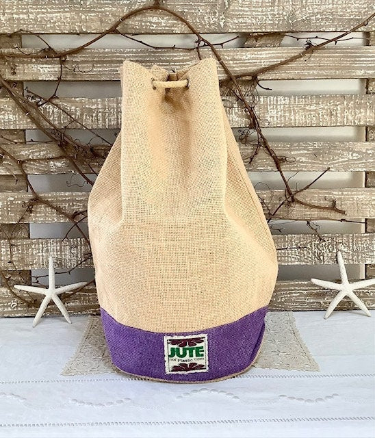 Sac de plage imperméable toile de jute beige violet ht 40 cm