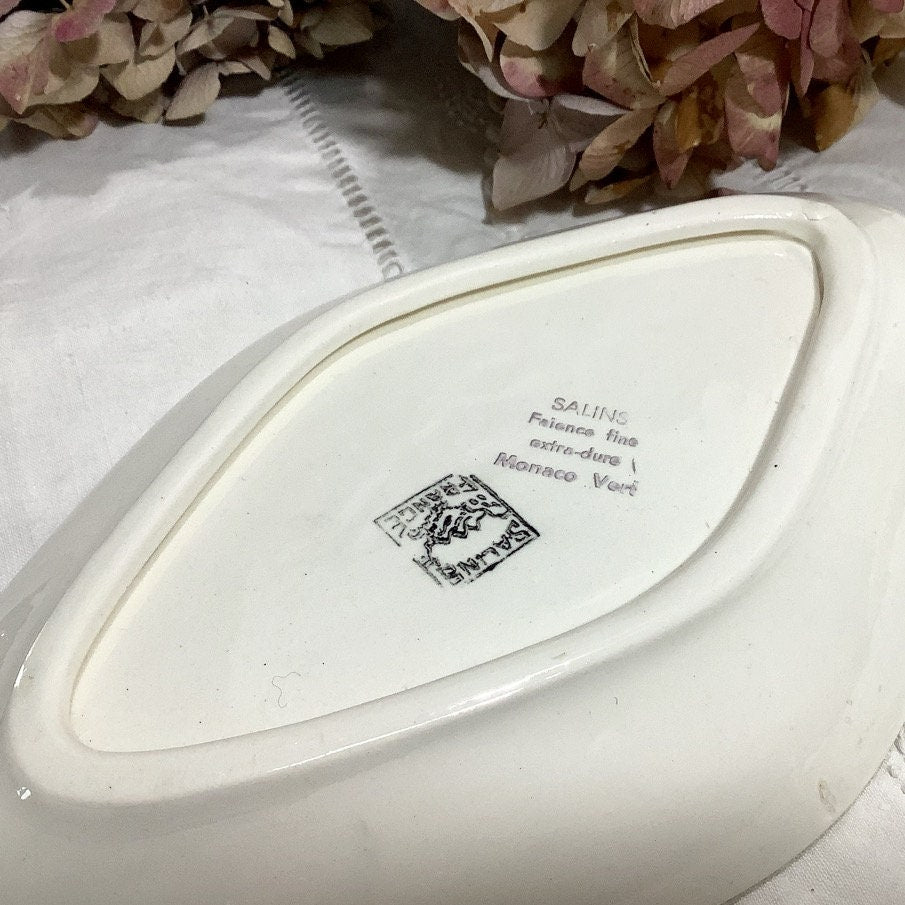 Grand plat ovale et ravier faïence Salin France Monaco vert vintage