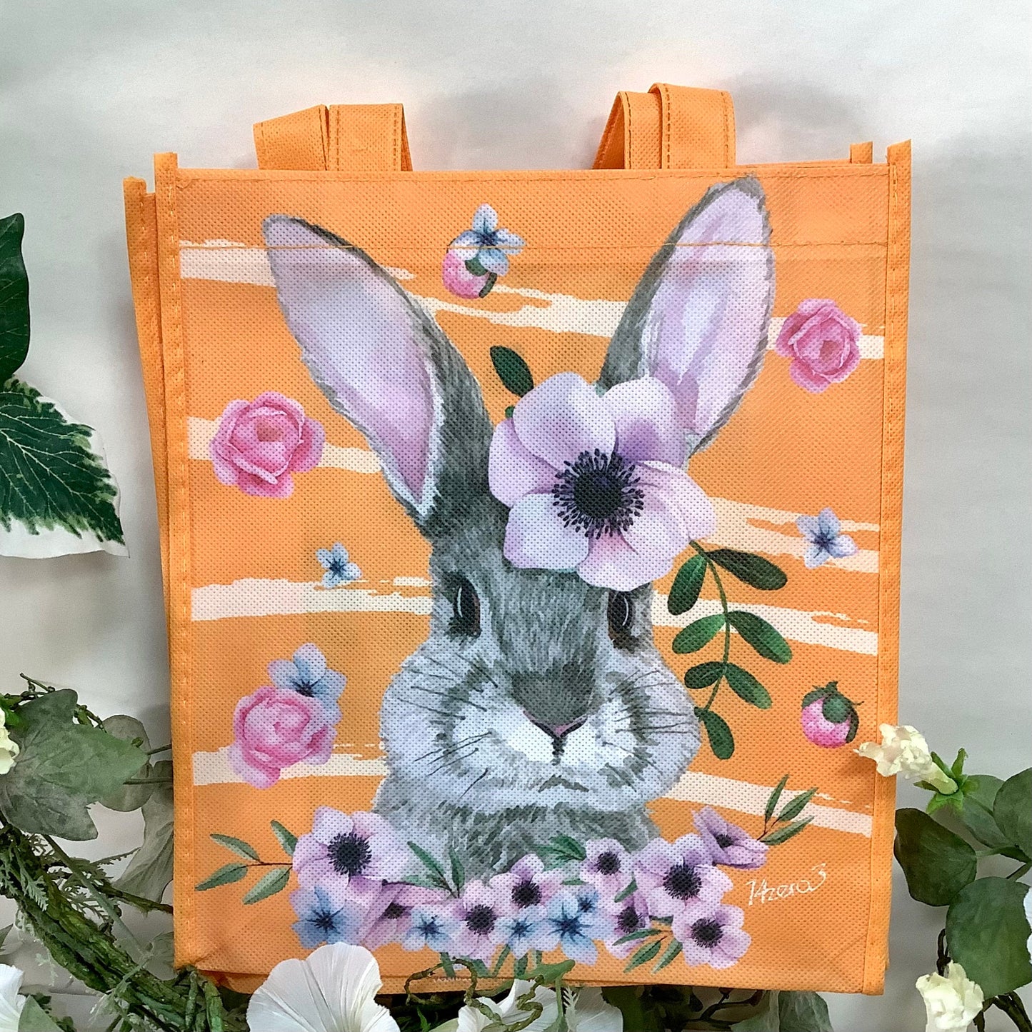 Sac Pâques orange motifs lapin ht 28 cm