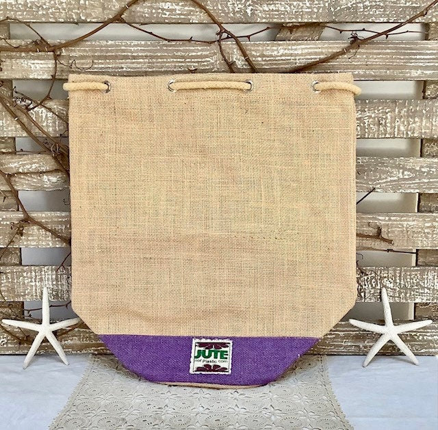 Sac de plage imperméable toile de jute beige violet ht 40 cm